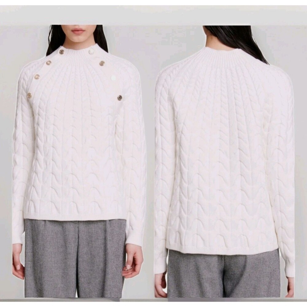 Maje Marnety Sweater Button Thick Cable Knit Long Sleeve White Size 2 (M)
